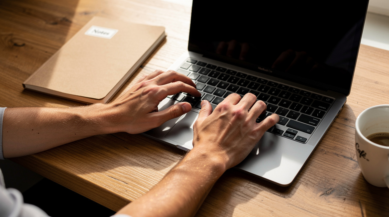 Hands typing on a laptop during a work session