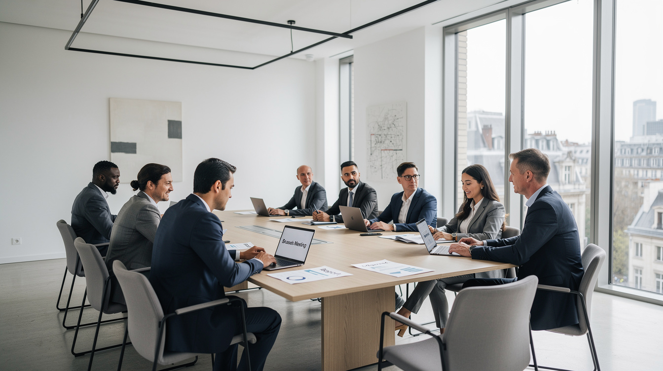 Executives meeting around a table in a modern boardroom